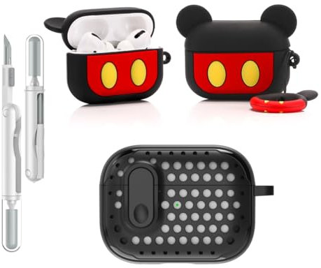LEWOTE Funda protectora 3 en 1 compatible con Apple Airpods Pro (2ª/1ª generación) con kit de limpieza y llavero (Mickey)