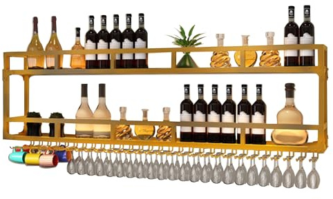 Weinregal Wand Metall mit Licht Flaschenregal Wine Rack Weinschrank Schmal Barschrank mit Weinglashalter Weinständer Weinflaschenhalter Getränke Regal Mini Bar für Esszimmer Home Bar Küche(Gold,2 LAYE