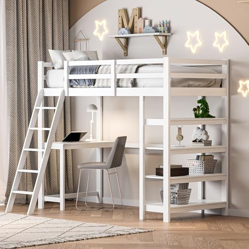 fortuna Lai Hochbett 90x200 cm für Kinder, Hausbett mit Leiter und Schreibtisch, Holzbett mit Gitter, Rausfallschutz & Lattenrost aus Massivholz, Weiß (90x200cm-B)