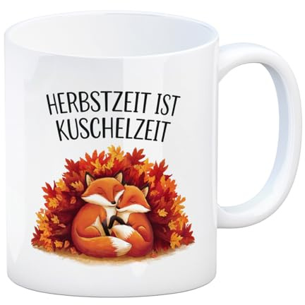 Herbstzeit ist Kuschelzeit Kaffeebecher mit kuschelnden Füchsen Herbstblätter und heiße Tasse Gemütliche Kaffeetasse oder Teetasse perfekte Geschenkidee
