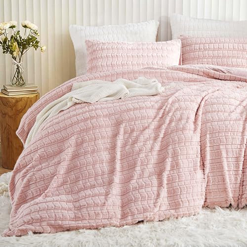 Tospass Plüsch Bettwäsche 135x200 cm Rosa Flauschig Warm Winterbettwäsche Kunstfell Kariert Flanell Fleece Cashmere Touch Bettbezug mit Reißverschluss und 1 Kissenbezug 80x80cm
