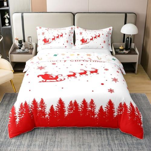 Loussiesd Weihnachten 100% Baumwolle Bettwäsche Set 135x200cm Weihnachten Hirsch Elch Dekor Bettbezug Set Frohe Weihnachten Baum und Schneemann Betten Set Atmungsaktiv Birne Weiß