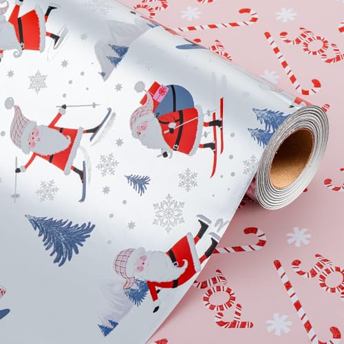 Wikadlik Wendbares Weihnachts-Geschenkpapier – 43 cm x 10 m – lustiges Weihnachtsmann-Skifahren/Schneeflocke/Baum-Design, Geschenkpapier für Feiertage, Party, Feier