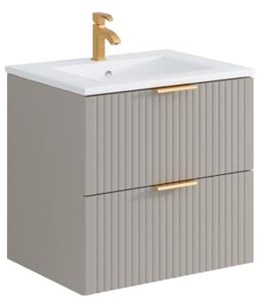 Vente-unique-Mueble de baño Flotante Estriado con Lavabo encastrado - Beige - 60 cm - ZEVARA