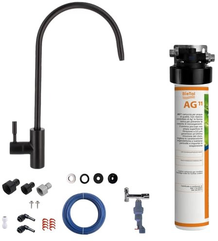 BieTal® Trinkwasserfilter mit Aktivkohle mit 1-Wege Wasserhahn Schwarz matt sauberes & frisches Wasser für dein Zuhause Praxis Büro Wohnmobil Aktivkohlefilter Wasserfiltersystem & Wasserstop