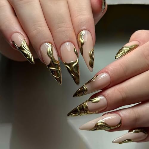 LunarCharm 24 Pcs Golden French Tip Press on Nails Stiletto Fake Nude Artificial Shiny Acrylic Nails with Gold Irregular Chrome Design
