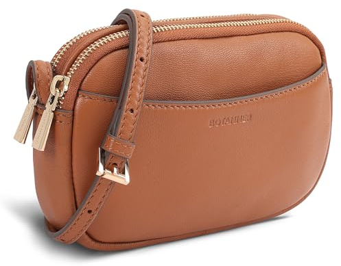 BOTANNER Kleine Umhängetasche aus echtem Leder mit doppeltem Reißverschluss für Damen mit verstellbarem Riemen, Hellbraun, Small