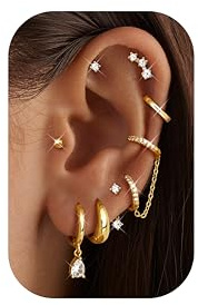 Adramata Ohrringe Gold Set Edelstahl Ohrringe für Damen 14K Vergoldete Ohrring Creolen Ketten Ohrring Hängend Hypoallergen Ohrstecker Set Damenohrringe Gold Silber Tragus Helix Piercing Or 8Paar
