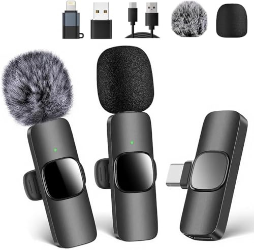 LauCentral 2 Pack Wireless Lavalier Microphone, Compatible with iPhone-iPad,Android Phone,USB&TYPE-C,Mini Mic Plug-Play Noise Reduction Wireless Mic for Video Recording,Vlog,YouTube,TikTok,Podcast
