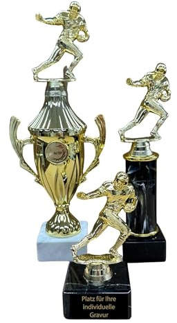 eberin Lot de 3 trophées de football américain, aspect doré, avec socle en marbre et coupe, avec plaques gravées, environ 13 cm, 23 cm et 30 cm de haut, idéal pour les tournois, les équipes et les
