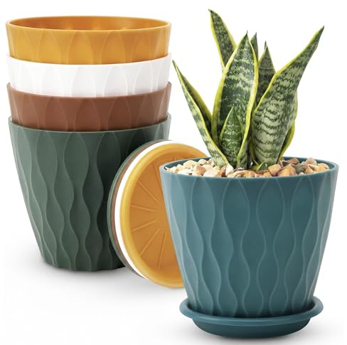 Bamworld Vasi per Piante da Interno 15 cm, Set da 5 Vasi in Plastica con Sottovasi e Fori di Drenaggio, Vasi Decorativi per Piante Grasse e Piccole Piante da Appartamento, Set Moderno Multicolore