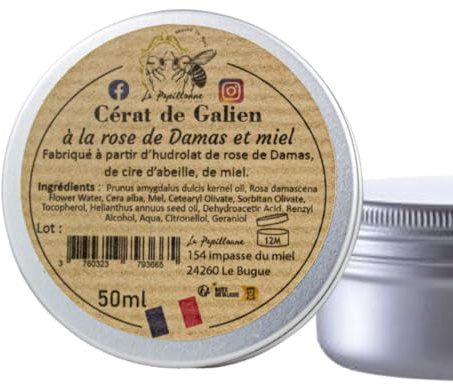 Cérat de Galien à la Rose de Damas et Miel, 50ml, Hydratant et Nourissant, Produit Artisanal en Périgord Noir