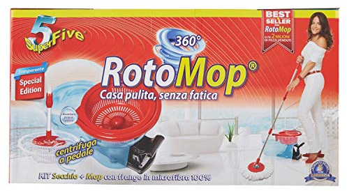 SUPERFIVE, Rotomop Kit, Lavapavimenti con Centrifuga a Pedale, Mocio con Frange in Microfibra, Testa Rotante 360°, Ghiera Antischizzi, Manico Telescopico Acciaio Inox