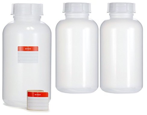 3x 2000 ml bouteilles à large col en LDPE avec bouchon à vis, bouteilles vides de 2 litres pour produits chimiques, bouteilles de laboratoire avec couvercle comme récipient de stockage