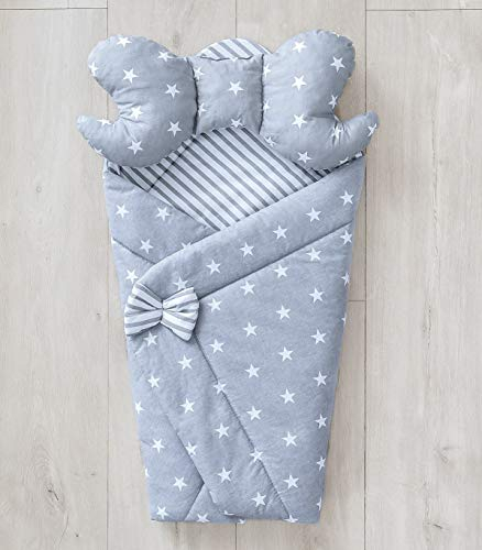 Einschlagdecke für Baby Baumwolle Babyhörnchen mit Schmetterling KISSEN - Fußsack Babydecke Steckkissen für Babyschale Hörnchen Decke für Kinderwagen 75x75 cm (Sternchen grau/ Streifenmuster grau S)