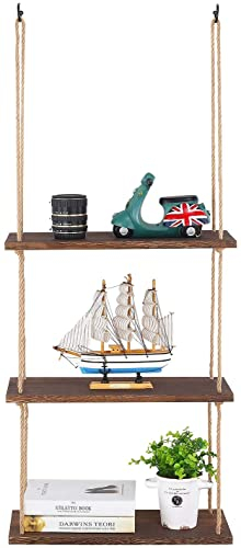 Medla Hängeregal Holz, 3 Ablagen Wandschaukel, Wandregal hängendes Regal, Jute Seil Organizer Rack Deko