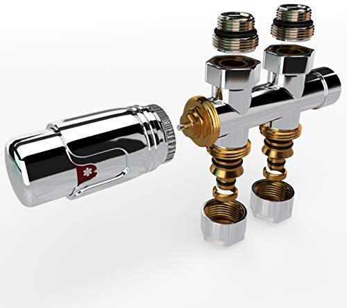 Design Multiblock für Heizkörper – Mittelanschluss-Set in Durchgangsform Chrom mit 50 mm Nabenabstand – Hahnblock, Thermostatventil, Anschlussarmatur für Kunststoff- und Kupferrohre