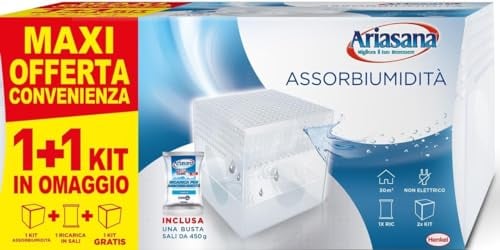 Ariasana Assorbiumidità Kit Mini 1+1 Inodore, Deumidificatore Spazi Ridotti, Ariasana Assorbiumidità per Cucina, Bagno, Ufficio, Mini Deumidificatore Formato Convenienza, 2 Kit + 1 Ricarica Sali 450g