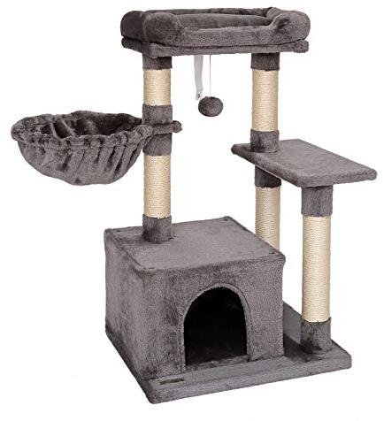 lionto Kratzbaum für Katzen mit Plüschball & Liegemulde, Höhe 85 cm, Katzenbaum mit Sisal & Plüsch, gemütliche Liegefläche & Höhle, inkl. Wandhalterung, für kleine & große Katzen geeignet, dunkelgrau