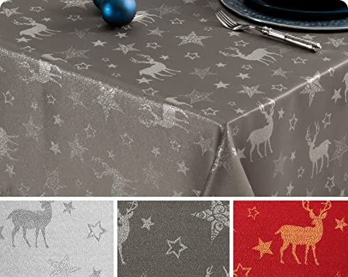Lurex Nordpol Elch Tischdecke, Silber oder Gold glänzend, Weihnachtstischdecke Tischläufer, Größe und Farbe wählbar (Eckig 130x160 cm, Dunkelgrau-Silber)