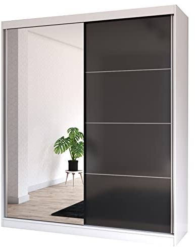 Fabryka Mebli Idźczak Kleiderschrank mit Spiegel, Schiebetüren - Schwebetürenschrank, Schlafzimmerschrank - 61 x 203 x 218 cm - Weiß, Schwarz Schrank für Schlafzimmer, Ankleidezimmer, Garderobe