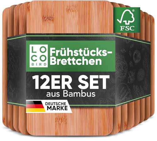 Loco Bird 12er Set Frühstücksbrettchen aus Bambus Holz - 22x14cm - Holzbrettchen für die Küche - Brettchen - Antibakterielles Frühstücksbrett aus Holz