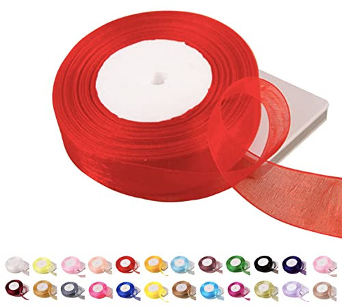 POPOYU Chiffonband Schwarz,25mmx45m Organzaband Rot Schleifenband Hochzeit Geschenkband Hochzeit Tüllband Transparent Satinband Schwarz für Weihnachten Hochzeit Taufe Geburtstag