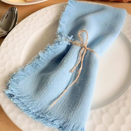 FLCSIed Handgefertigte Stoffservietten 100% Baumwolle Servietten mit Fransen, 4er Set, 17,7 x 17,7 Zoll Baumwollservietten Wiederverwendbare Servietten Tuch Waschbare Tischservietten (Babyblau)