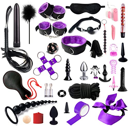 BDSM Sex Bondage Set 35 Stück Sexspielzeug für Paare Extrem Sex ondageset Fessel Set Handschellen Peitsche Nippelklemmen Knebel Analplug Set für Anfänger und Erfahrene Paare(#1) (Lila)