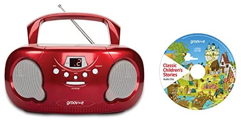 groov e Orginal Boombox & Kids Story CD Bundle - Portable CD Player with Radio, 3.5mm Aux Port, & Headphone Socket - CD Features 10 Classic Children's Stories - Battery or Mains Powered - Red