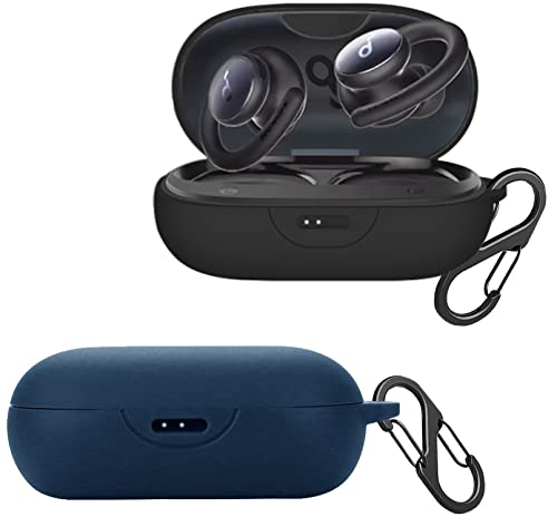 [2-Pack] easyBee Hülle Kompatibel mit Soundcore Sport X10 [mit 2 Karabiner], Flüssiges Silikon Case Ultradünn Stoßfest Schutzhülle Bluetooth Kopfhörer Tasche - Schwarz und Blau