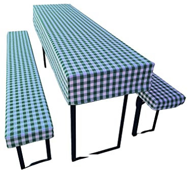 Bierzeltgarnitur Auflage (3er Set) aus 1x Tischdecke und 2X Bierbankhussen. Größe und Farben wählbar. (110 x 60 cm, Grün kariert)
