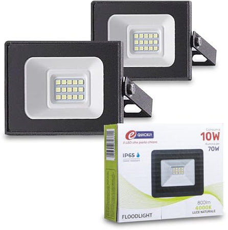 E-QUICKLY faretti LED da esterno - 10W, potente proiettore da 800 lumen, faretto led da esterno con luce bianca naturale 4000K, faro LED grado di impermeabilità IP65, faretti da giardino 220V, 2 PZ