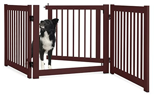 COSTWAY Barrière de Sécurité pour Enfants, Grille de Protection en Bois de Pin, Clôture Extensible de Sécurité avec Porte pour Chien Chiot, Enclos Autoportant Pliante à 3 Panneaux de 60,9 cm (Cerise)