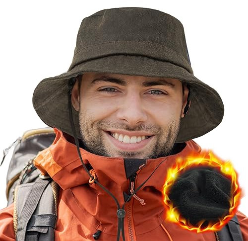 TOP-EX wasserdichte Winter-Fischerhüte für Männer und Frauen, warme Fleece-gefütterte Regenhüte zum Wandern, Angeln und für kaltes Wetter im Freien, Winddicht, Braun, L