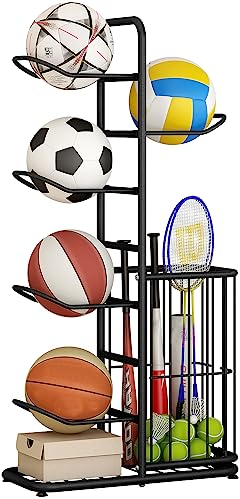 Garage Organizer Für Sportgeräte, Basketball Aufbewahrungsregal, Abnehmbares Standing Rack Halter with 5 Ball Ständer Und Körben, Aufbewahrung Regal Für Rugby Volleyball Fußball Display