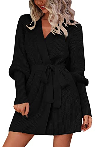 HOOUDO Strickjacke Damen Modern V Neck Soft Strickpullover Open Front Cardigan Coat Outwear mit Gürtel Strickjacke Schwarz Herren