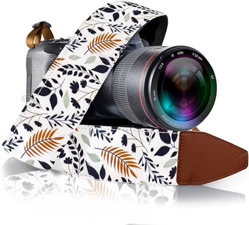 Camera Strap for DSLR and Mirrorless Camera , Shoulder Neck and Crossbody Strap with Soft Padded Webbing, Cotton Pattern for Men & Women, Best Gift for Photographers, White Leaves Classic Design