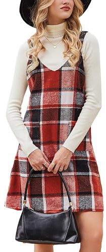 CUPSHE Damen Latzrock V Ausschnitt Taschen Karomuster A Linie Latzkleid Overallkleid Freizeitkleider Plaid Mini Dress Rot kariert S