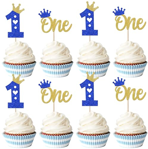 SYKYCTCY 24 Pack First Birthday Cupcake Toppers Glitter One Crown Heart Cupcake Picks Baby Shower 1st Birthday Kids Cake Decorations Party Supplies