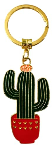 Evenchae Cactus Keyrings Keychain with Gold-tone Accents, Green, Red, Gold, 3.5''L