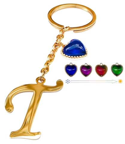 Famweylami Schlüsselanhänger mit Buchstaben für Damen, Süßer Schlüsselring mit Herz Anhänger, Namen Initiale, Geschenk Personalisierter für Kleine Schwester, Frauen, Mama, Freundin -Golden,T