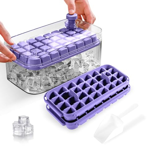 Cubiteras Para Hielo, Moldes Hielo,Bandeja Hhielo,Cubitera de Grado Alimenticio, Liberación de Todos Los Cubitos de Hielo en un Segundo, Molde Hielo Reutilizable Para 64 Ice Cube Tray （morado）