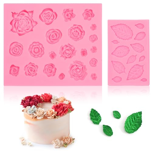 2 Stück Silikonform Blumen und Blätter,Silikonform Fondant,3D Silikonform Blüten,Silikonform Blume Rosen und Blatt,Blüten Fondant Silikonformen für Fondant,Tortenranddekoration,Schokolade,Gelee