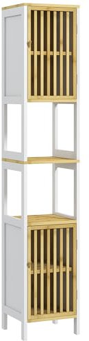 HOMCOM Armario Alto de Baño Columna de Baño Mueble Auxiliar de Baño con 2 Compartimentos Abiertos 2 Puertas de Rejilla y Estantes Ajustables 32x30x172 cm Blanco