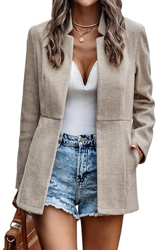 Jhsnjnr Women's Blazers Stand Collar Long Sleeve Open Front Mid-Long Trench Coat Fashion Casual Cardigan Jackets Apricot