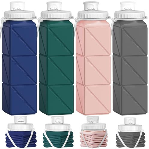 Popdigito 4pack Collapsible Water Bottles, 20.6oz Foldable Water Bottle BPA Free Reusable Lightweight LeakProof Travel Silicone Water Bottles for Travel, Gym, Hiking, Office, Camping, Sports Portable