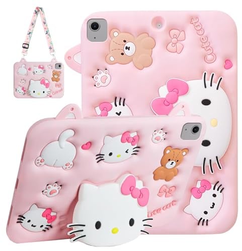 Custodia per bambini per iPad Air 11 6a generazione M2 2024 / iPad Air 5a/4a generazione 10.9 2022/2020, custodia antiurto con gatto carino con supporto e tracolla, rosa