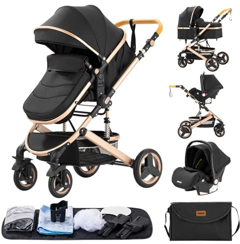GLOKID Passeggino 3 in 1，Passeggino Canne，Trio，Con Seggiolino Accessori，Adattatori universali，Passeggino per bambini fino a 25 kg，4 ruote con ammortizzatori，navicella，grandi ruote (530 nero)