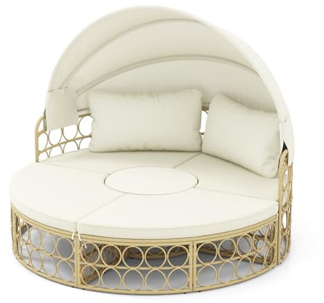 COSTWAY Lettino Prendisole in Rattan PE, Divano Rotondo da Giardino con Tettoia Retrattile e Cuscini Morbidi, Set Mobili per Giardino, Cortile e Piscina, 180x180x150 cm